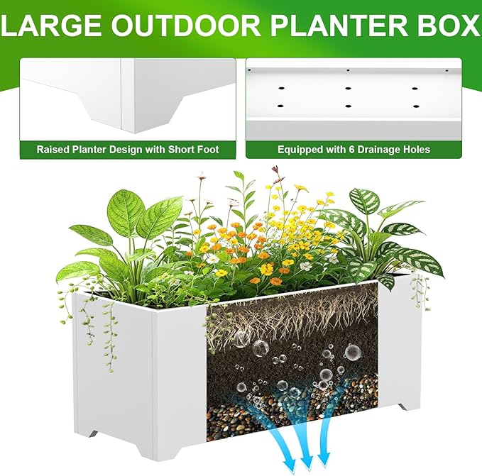 Metal Planter Box 36"L x 15"W x 15"H, Large Outdoor Rectangle Planters with 6 Drainage Holes & Raised Bottom, All-Weather Garden Planter Box for Patio, Lawn, Commercial & Residential, White