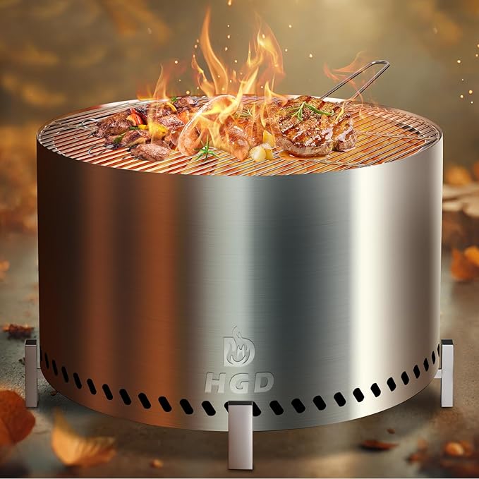 HGD 28" Smokeless Firepit with Stand & Grill Rack, Large Stainless Steel Wood Burning Fire Pit for Friends & Family Gatherings, Secondary Combustion Outdoor Patio Stove for Garden BBQ & Bonfire