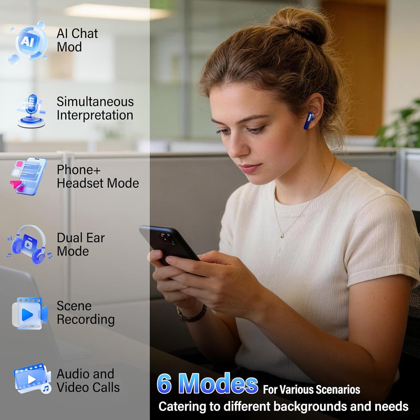 Skiennix AI Translation Earbuds - Real-Time 164 Languages Translator with 7 Modes | 48H Battery Life, Touch Screen & App, Blue