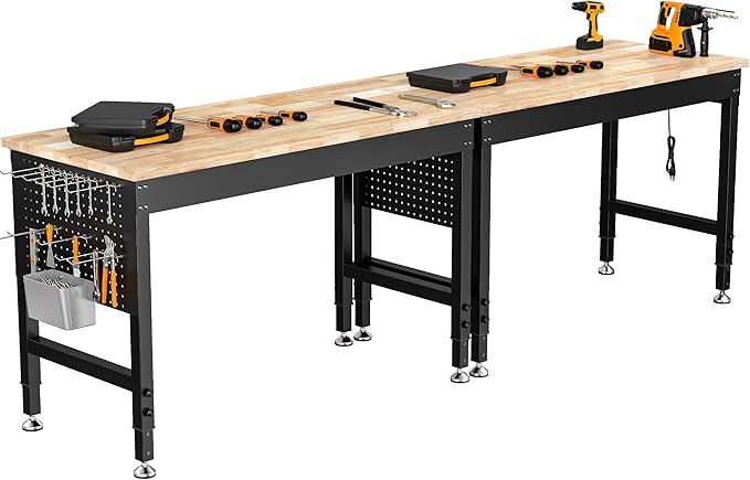 96" Adjustable Heavy Duty Workbench, 2000 LBS Load Capacity Rubber Wood Work Table with Pegboard, Power Outlets, Work Bench for Garage, Workshop, Office, Home, Commercial, Ships in 2 Boxes