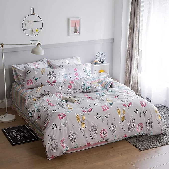 LifeTB Botanical Floral Duvet Cover Twin XL Girls Floral Print Bedding Sets Garden Style Aesthetic Duvet Cover 100% Cotton Flower Comforter Cover Kids Kawaii Bedding Cover Twin XL with 2 Pillowcases