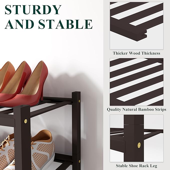 Smiry Shoe Rack, 4 Tier Small Bamboo Shoe Organizer, Stackable Free Standing Wooden Shoe Storage Shelf for Closet, Entryway, Front Door Entrance, Brown