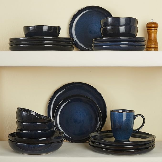 Pokini 32 Piece Starry Blue Dinnerware Set with Pasta Bowls, Coastal Reactive Glaze Stoneware for 8 | Complete Serving Set for Holiday Meals, Multi‑Dish Hosting & Family Celebrations