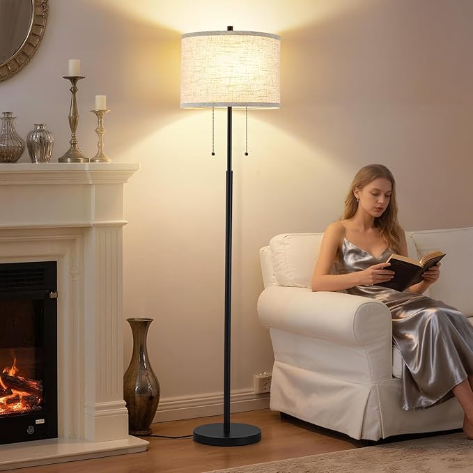 Luvkczc Floor Lamp, 62" Standing Lamp Tall Lamp with Fabric Lampshade&Pull Chain Corner Floor Lamps for Living Room, Bedroom,Office, 2 Bulb Socket