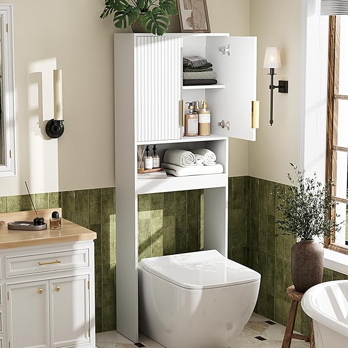 VINGLI Over The Toilet Storage Cabinet White, Modern Bathroom Organizer with Fluted Doors, Freestanding Wooden Space Saver Stand with Adjustable Bottom Bar for Laundry, Gold Handles
