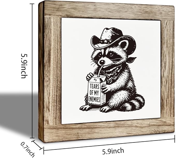 Funny Cowboy Raccoon Wooden Desktop Sign, “Tears of My Enemies” Trash Panda Wood Plaque Tabletop Decor, Western Animal Humor Decor for Home Office Shelf