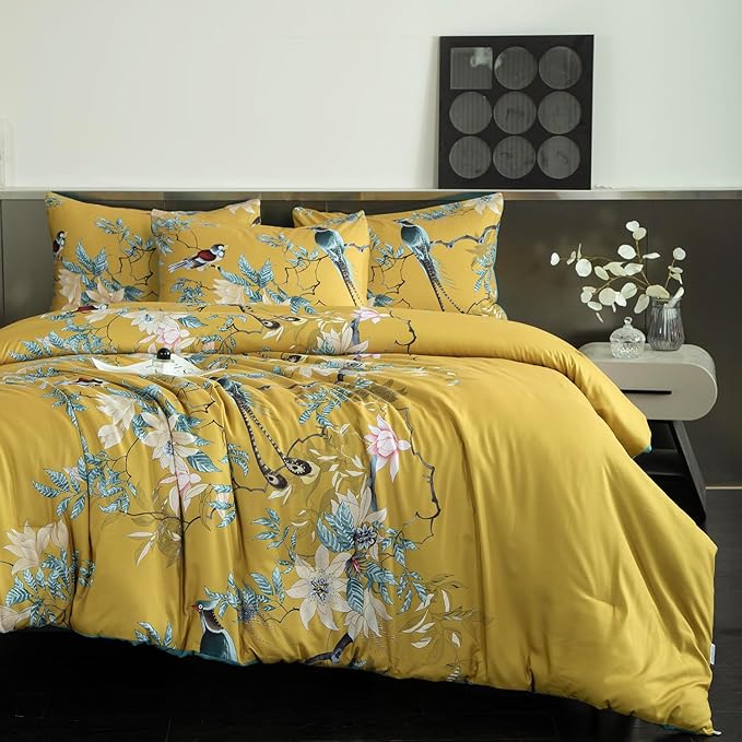 King Comforter Set Flowers 3 Pieces Soft 3D Bedding Comforter Tree Branches Flowers Birds Print Botanical Comforter Set for All Seasons 1 Comforter and 2 Pillowcases (Birds, King)