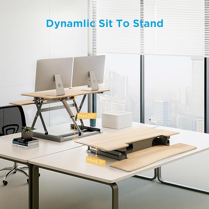 32" Electric Standing Desk Converter, Dyropcurv Series Height Adjustable Computer Desk Ergonomic Home Office Desk for Adults, Sit to Stand Desk with Quiet Motor, Light Wood