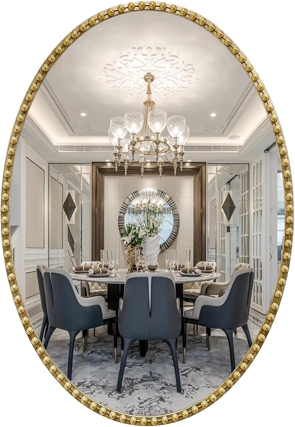 Gold Oval Bathroom Mirror, 24x32 Inch Floral Oval Mirrors for Wall, Antique Gold Metal Floral Frame Mirrors for Bedroom Living Room Hallway, Hangs Horizontally or Vertically
