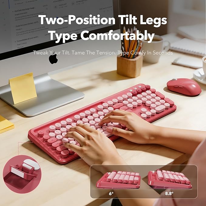 Wireless Keyboard and Mouse Combo with Phone/Tablet Holder, Cute Full-Size Typewriter-Style Keyboard, Retro Round Keycaps, 3-Level DPI Mouse, 2.4GHz Cordless Connection for Windows/PC/Laptop (Pink)