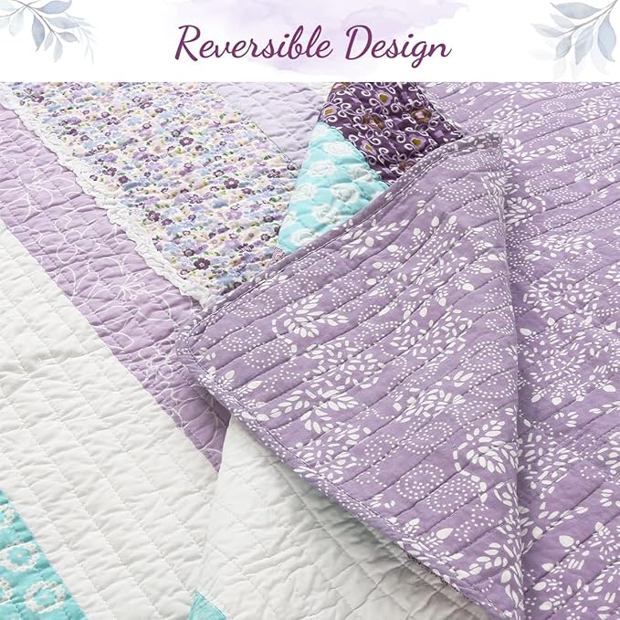 Cozy Line Home Fashions Purple Baby Blue Floral Striped Ruffle Girl 100% Cotton Reversible Quilt Bedding Set, All-Season Coverlet Bedspread (Lilac Flower, Queen-3 Piece)