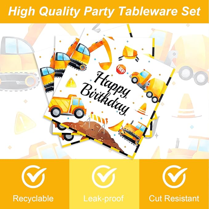 48PCS Construction Party Supplies,Disposable Tableware Include Plates Napkins Forks For 16 Guests,Construction Birthday Party Decorations For kids