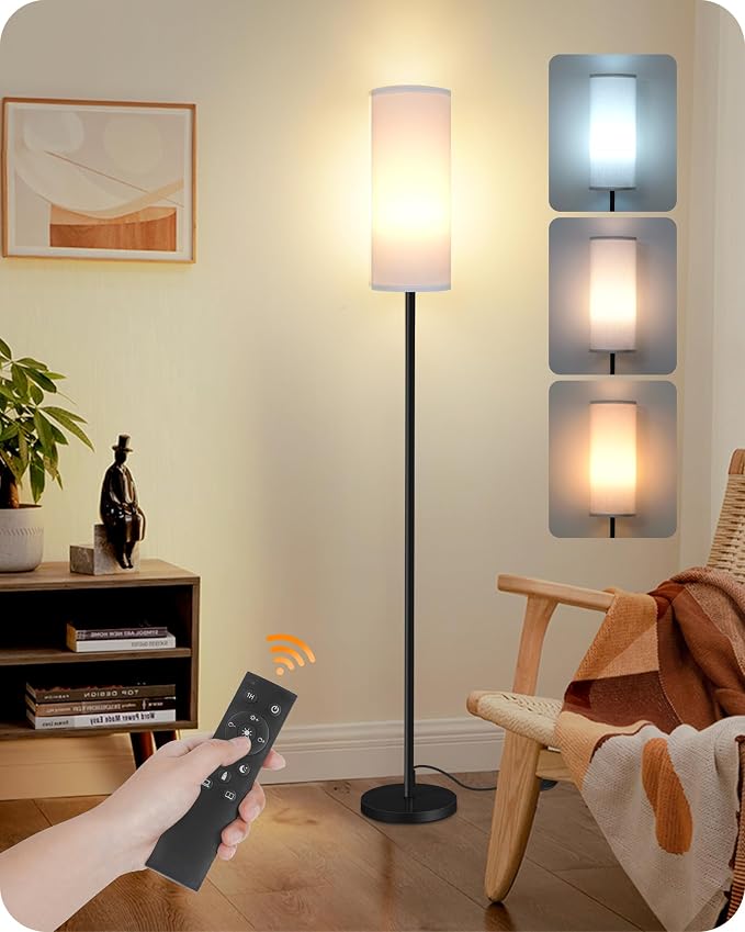 Set of 2 Dimmable Floor Lamps for Living Room with 2 Remotes and Foot Switch, 64.4”Modern Standing Tall Lamp, Corner Lamp for Bedroom, Bulb Included, 3000K-6500K, White Shade CW06LDP205W1