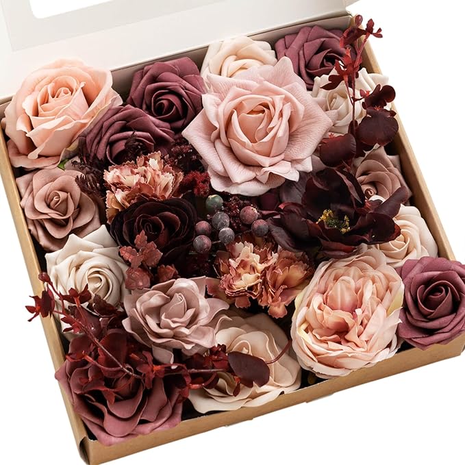 Ling's moment Artificial Flowers Combo Box Set, Dusty Rose & Lana Mauve for DIY Wedding Bouquet, Centerpieces Decor, Floral Arrangement Decor