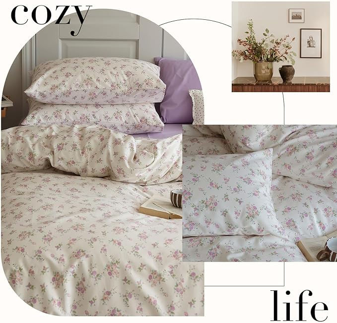 LifeTB Pink Flower Duvet Cover Twin 100% Cotton Girls Cottagecore Bedding Set 3 Pieces Botanical Floral Comforter Cover with Zipper Closure Vintage Country Bedding Cute Floral Duvet Cover Twin