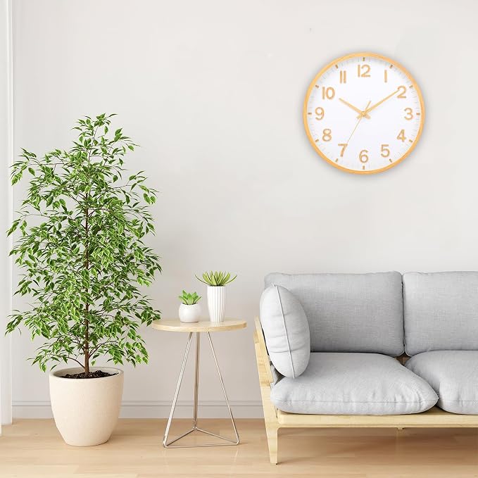 Wall Clocks Battery Operated 8 inch Modern Wall Clock,Silent Non Ticking Wall Clock for Living Room Bedroom Kitchen Office Classroom Decor (Wood Grain Yellow White)