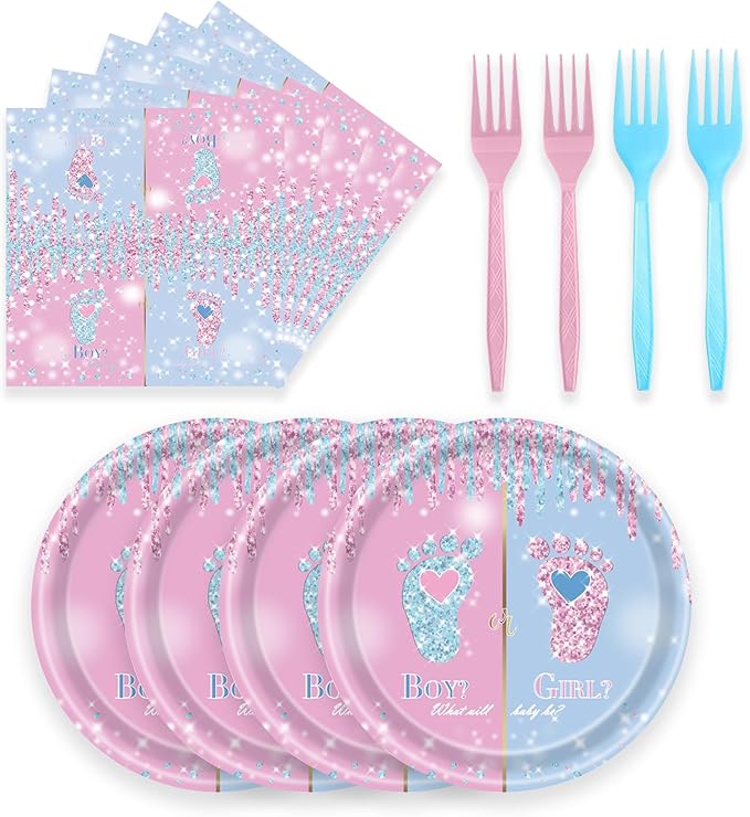 72 Pcs Gender Reveal Paper Plates and Napkins, Baby Shower Decorations Pink or Blue Gender Reveal Party Plates and Napkins Tableware Set for Boy or Girl Party Serves 24