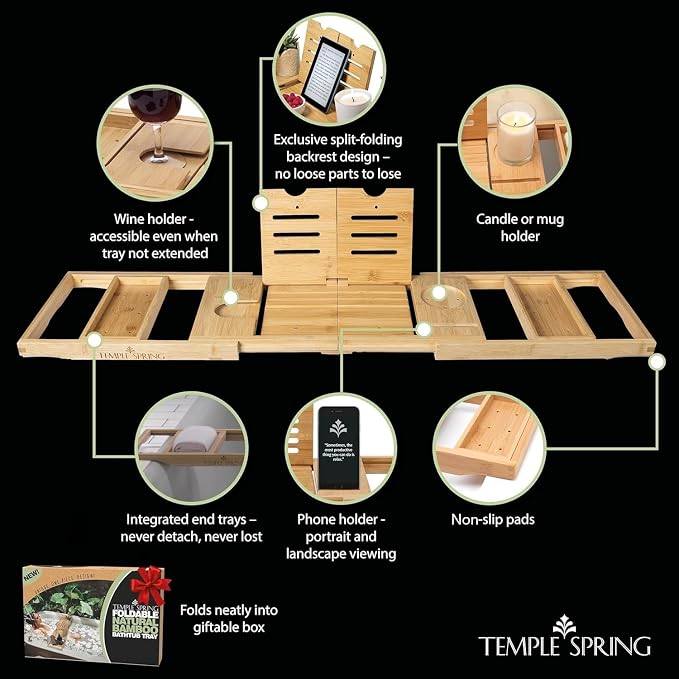 Temple Spring Foldable Bamboo Bathtub Tray Caddy for Tub — Expandable One-Piece Wood Bath Table with Wine Holder Book Stand and Non-Slip Pads — Space-Saving Bath Caddy — Housewarming