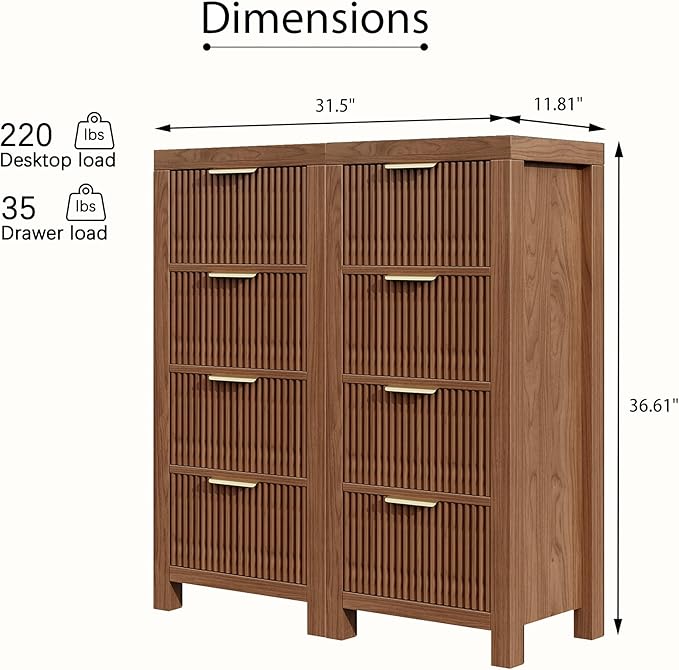 Modern 8-Drawer Solid Wood Dresser with Fluted Front & Gold Handles, Multifunctional Tall Storage Chest, for Hallway, Entryway, Walnut X2