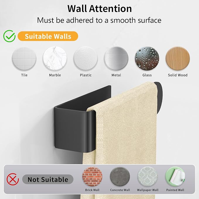 Hand Towel Holder, Self Adhesive Towel Racks for Bathroom Wall Mounted, 8 Inch Square Hand Towel Bar Stick on Wall for Kitchen Cabinet RV, Black (2 Pack)