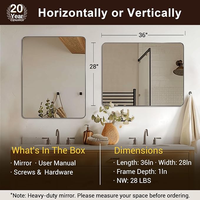ANDY STAR Brushed Nickel Mirrors for Bathroom Sink, 28x36 Inch Bathroom Vanity Mirror with Rectangular Metal Frame-Modern Clean Design with Superior Stainless Steel Frame