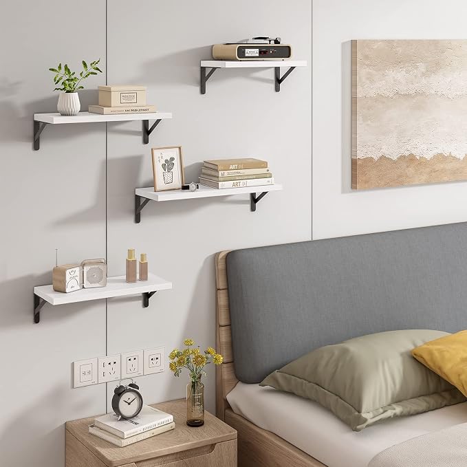 YGEOMER Floating Shelves for Wall, Different Sizes White Wall Shelves for Living Room, Bathroom, Bedroom, Kitchen, Home Decor (Set of 4)