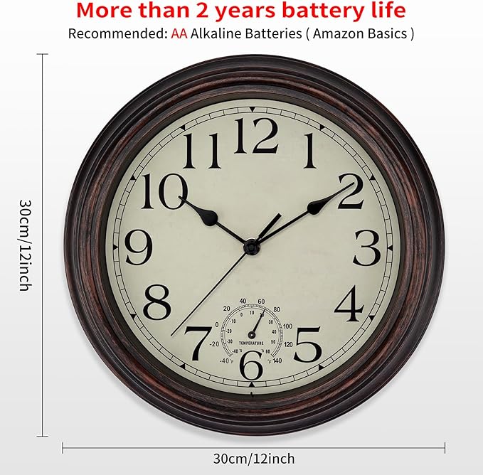 Foxtop Indoor Outdoor Waterproof Wall Clock with Thermometer, 12 Inch Retro Silent Non-Ticking Battery Operated Quartz Round Outdoor Clocks for Patio Pool Bathroom Porch (Bronze)