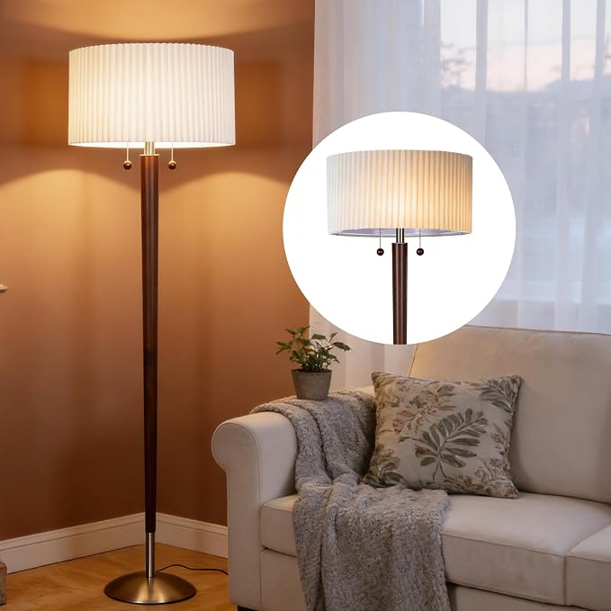 2-Lights Wood Floor Lamp with Pull Chains Dual Switch, Mid-Century Modern Corner Lamp with Pleated Shade, Standing Lamp for Living Room, Bedroom, Office, Reading Room, Dark Walnut Finish