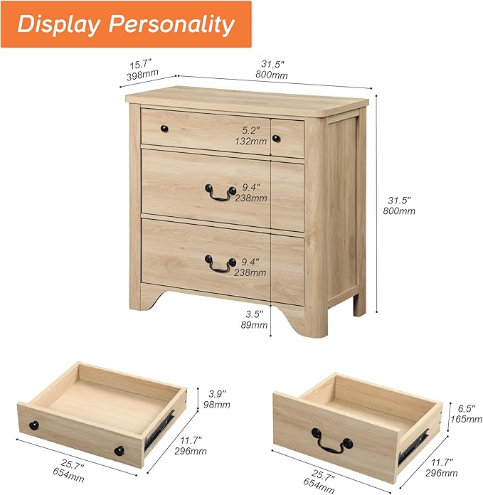 WAMPAT 3 Drawer Dresser for Bedroom, 31.5" Farmhouse Dresser, Kids Dressers for Nursery with Wide Chest of Drawers for Bedroom, Living Room, Oak