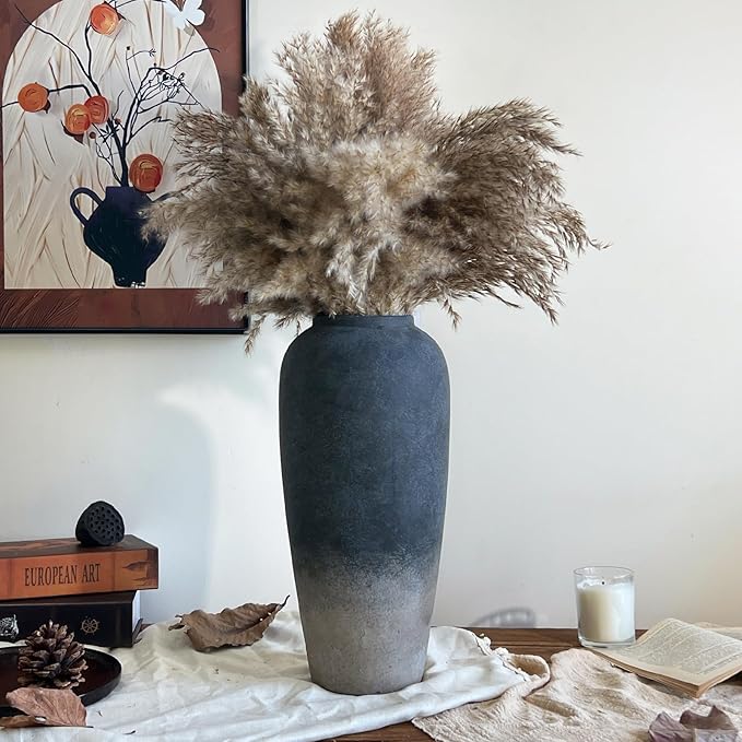 15 Inch Rustic Ceramic Vase, Black Flower Vase for Centerpieces, Farmhouse Decor for Living Room, Entryway & Kitchen, Vintage Pottery Vases for Wedding Gifts