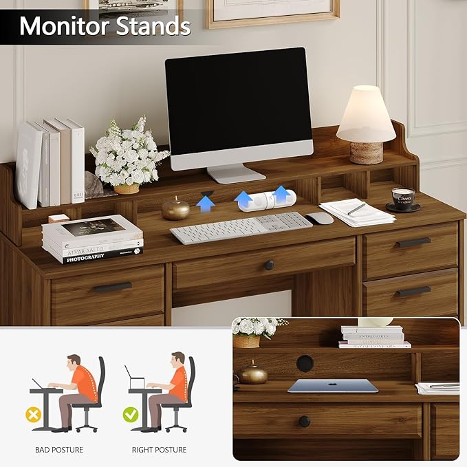 Executive Desk with File Drawers,Computer Desk with Storage,58 Inch Home Office Desk with Storage Cabinet for Bedroom, Rustic Brown