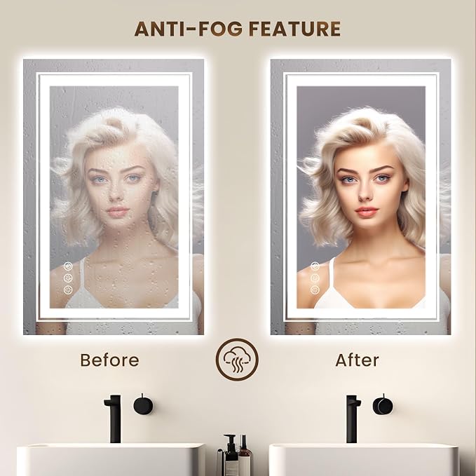 WTTY RGB LED Bathroom Mirror 28"x36" with Backlit and 3 Front Light,Stepless Dimmable LED Mirror for Bathroom,Lighted Bathroom Vanity Mirror for Wall,Anti-Fog,Memory Function,Shatter-Proof