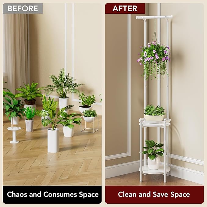 Homsorout Plant Stand Indoor Outdoor - Heavy Duty Metal 2-tier Hanging Plant Holder Space-Saving Iron Plant Stands Tall Plant Shelf for Living Room Garden Balcony (White)