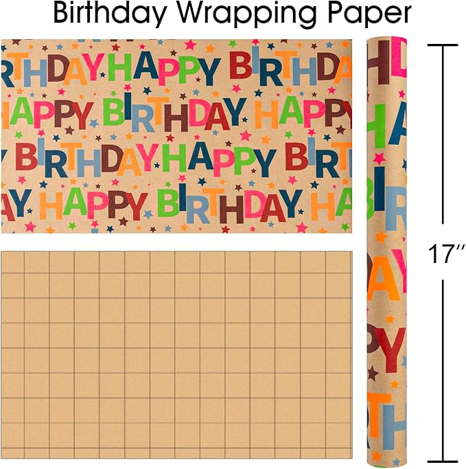 MAYPLUSS Happy Birthday Wrapping Paper Roll, Colorful Kraft Birthday Gift Wrap for Boys Girls Men Women 17 IN x 16.5 FT