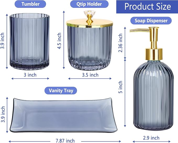 Haturi Bathroom Accessories Set, 4 Pcs Blue Glass Bathroom Accessories Sets Complete w/Lotion Soap Dispenser, Toothbrush Holder, Apothecary Jar, Vanity Tray, Bathroom Decor, Gift for Home Apartment