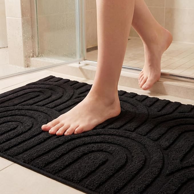 Drydiet Black Boho Jacquard Bathroom Rug for Bathroom 3D Arched Stripes Non Slip Absorbent Extra Thick Soft Carpet, Plush Bath Rug with Rubber Backing for Bath Shower, 20''x30''