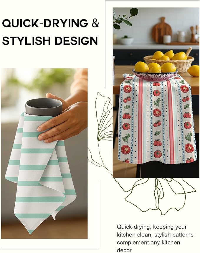 Miss Adola 2 Pack Flour Sack Kitchen Towels - 16x26 Inch Cotton Dish Towels with Hanging Loop Reusable Geometric Boho Modern Retro Tea Towel Absorbent Dishcloths Home Decor, Stripe Fruit