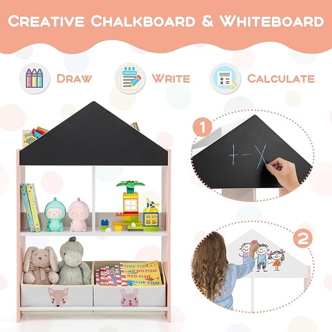 HONEY JOY Toy Storage Organizer, Wooden Dollhouse Bookcase w/Blackboard, Whiteboard, Storage Bins, Toddler Book Shelf, Children Toy Display Chest Cubby, Kids Bookshelf for Playroom Nursery (Pink)