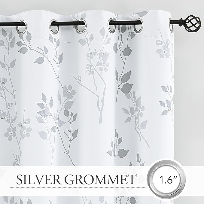 Beauoop Floral 100% Blackout Curtains 63 Inch Length 2 Panels for Bedroom Living Room Grey White Flower Patterned Room Darkening Thermal Insulated Soundproof Grommet Window Treatments Drapes, 52X63