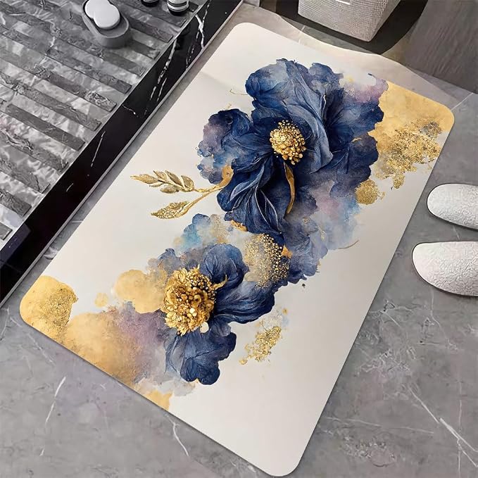 Diatomaceous Earth Bath Mat,Watercolor Flowers Gold and Blue Non-Slip Volume Super Absorbent Fast Drying for Bathroom Kitchen Door mat,Eco-Friendly Easy to Clean 16×24Inch (40 * 60cm)