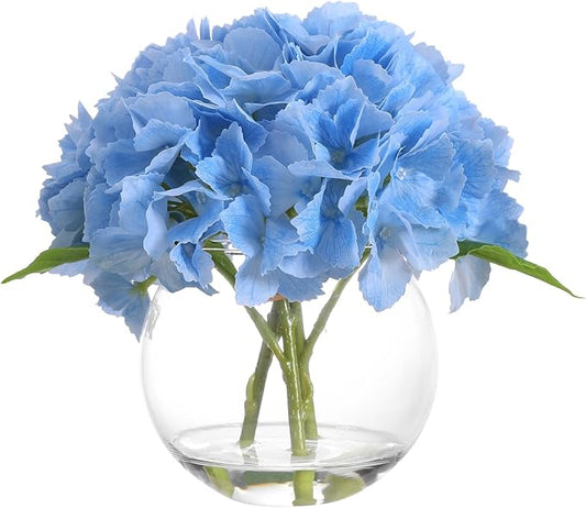 Blue Hydrangea Artificial Flower with Vase Fake Flower in Glass Vase with Faux Water for Home Bathroom Office Table Centerpiece Shelf Decorations Flowers