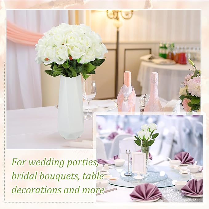 Jexine 50 Pcs Artificial Rose Flower Bulk Realistic Silk Fake Roses with Long Stem Plastic Artificial Flower Bouquet Real Looking for Home Wedding Centerpieces Party Decoration(Beige)