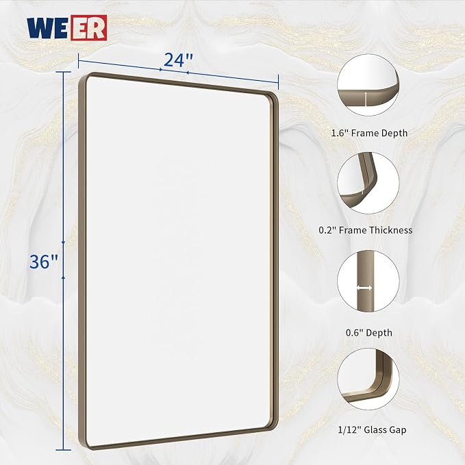 WEER 24x36 Inch Bronze Bathroom Mirror for Vanity, Brushed Bronze Metal Frame Rounded Rectangle Mirror with Tempered Glass, Anti-Rust (Horizontal/Vertical)