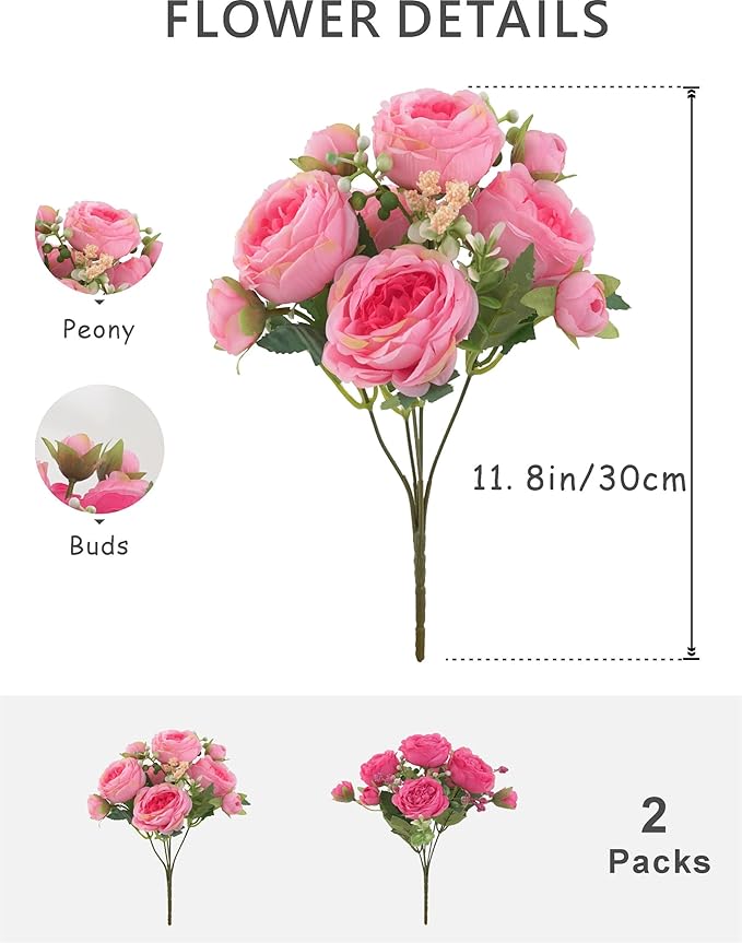 2 Packs Peonies Artificial Flowers, Silk Rose Pink Artificial Peonies Flowers Fake Peonies Faux Peonies Bouquet for Centerpiece Table Wedding Party Home Decor (2, Rose Red & Pink)