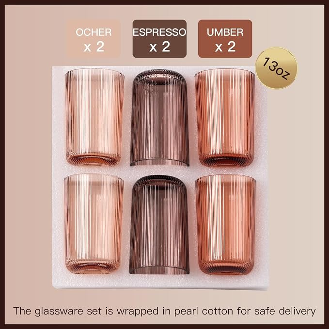 Melanin Colored Ribbed Highball Glasses Set of 6, 13.2oz Vintage Melanin Colored Glassware, Drinking Glasses for Water, Juice, Iced Coffee, Cocktails, Ribbed Glass Cups, Housewarming Christmas Gift