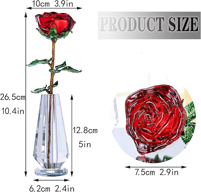 HDCRYSTALGIFTS 10'' Crystal Rose Flower Figurine Collectible Flower Gifts for Women,Crystal Glass Flower Collectible Ornaments for Christmas Home Table Centerpiece