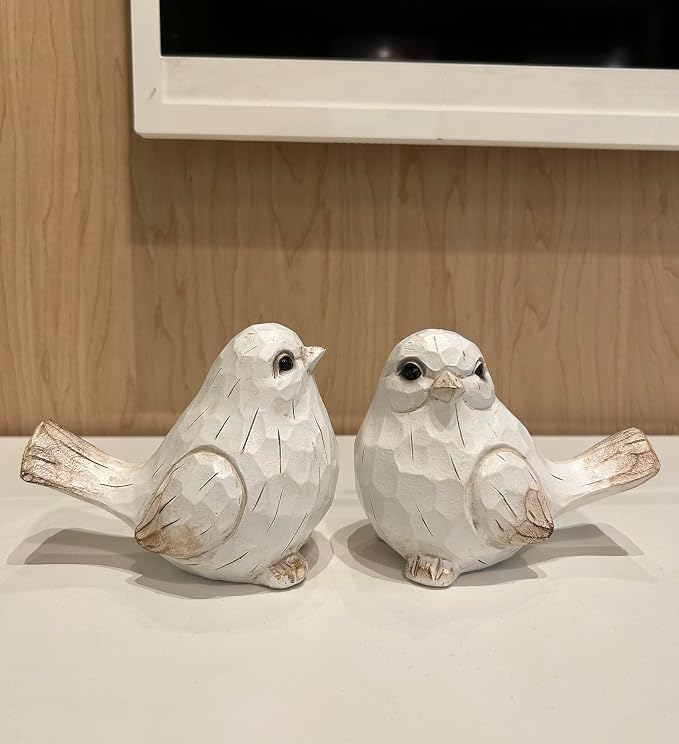 KiaoTime Farmhouse Bird Decor Resin Bird Figurines - Set of 2, Vintage & Modern Bird Decor Statue for Home Decor Accents, Cottage Bird Ornaments Decoration New White Carved Rustic Bird Figurine