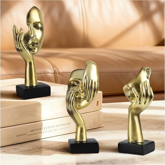 Modern Living Room Decoration - Gold Abstract Sculpture Decor For Shelves, Thinker Statues Set Of 3, Resin Face Knick Knacks Home Decor For Office Bookshelf, Shelf Side, Table, Gift For Friends