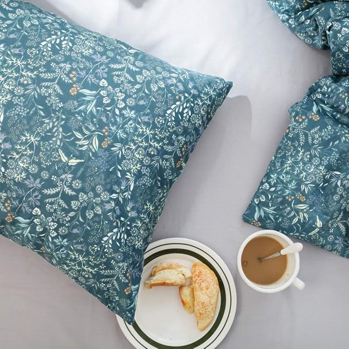 Blue Floral Duvet Cover Queen Vintage Flower Pattern Duvet Cover 100% Cotton Garden Style Comforter Cover Chic Botanical Floral Bedding Sets for Girls Women 1 Queen Duvet Cover with 2 Pillowcases