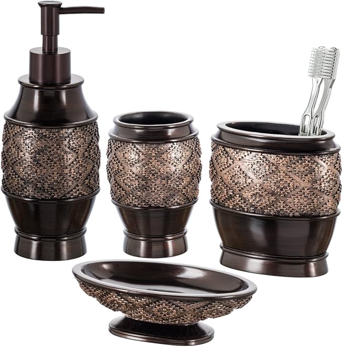 Creative Scents Dublin Brown Bathroom Accessories Set Complete - 4 Pc. Bathroom Sets Accessories, Luxury Bathroom Accessory Set - Soap Dispenser, Soap Dish, Tumbler & Toothbrush Holder Set